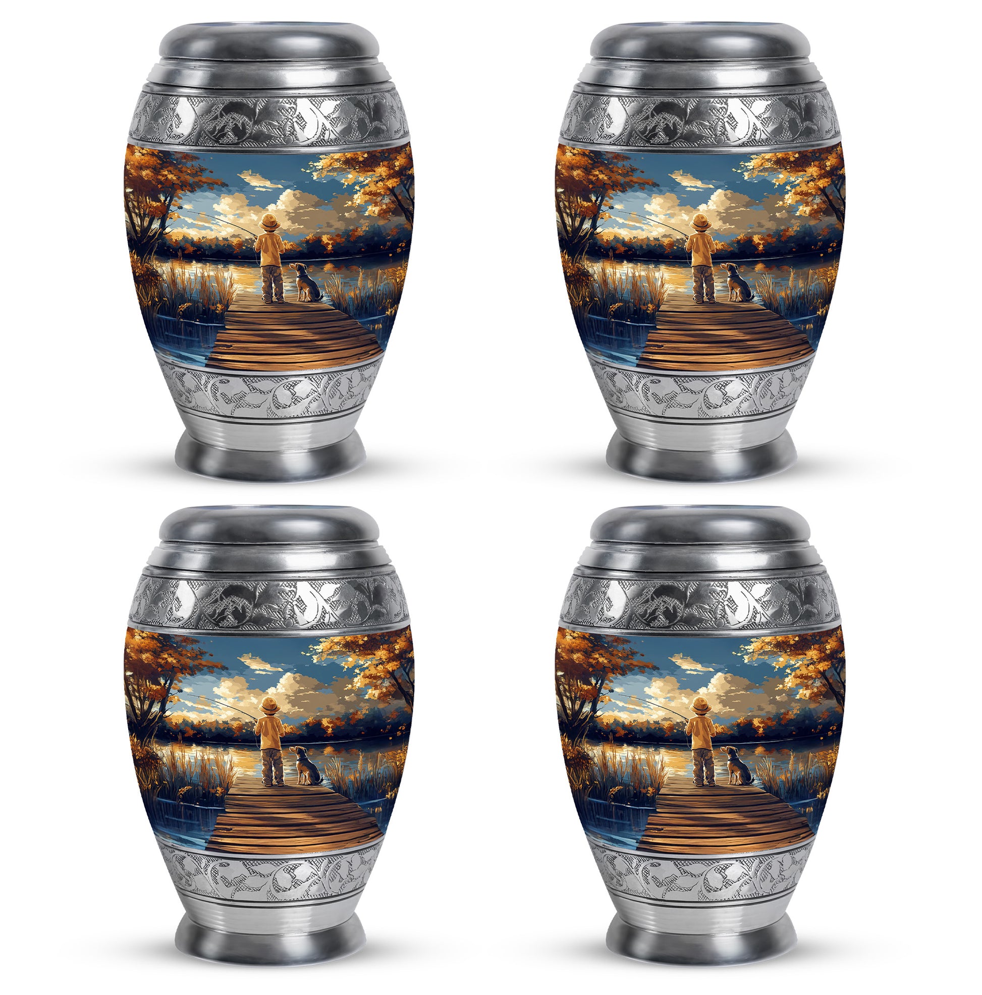 Bright Blue Fishing Cremation Urn urn with complimentary velvet bag - royal fishing engraving with decorative scrollwork - 10 inch aluminum urn for cremated remains