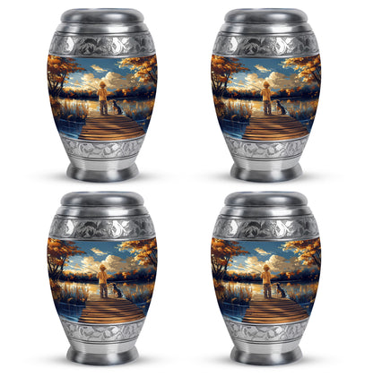 Bright Blue Fishing Cremation Urn urn with complimentary velvet bag - royal fishing engraving with decorative scrollwork - 10 inch aluminum urn for cremated remains