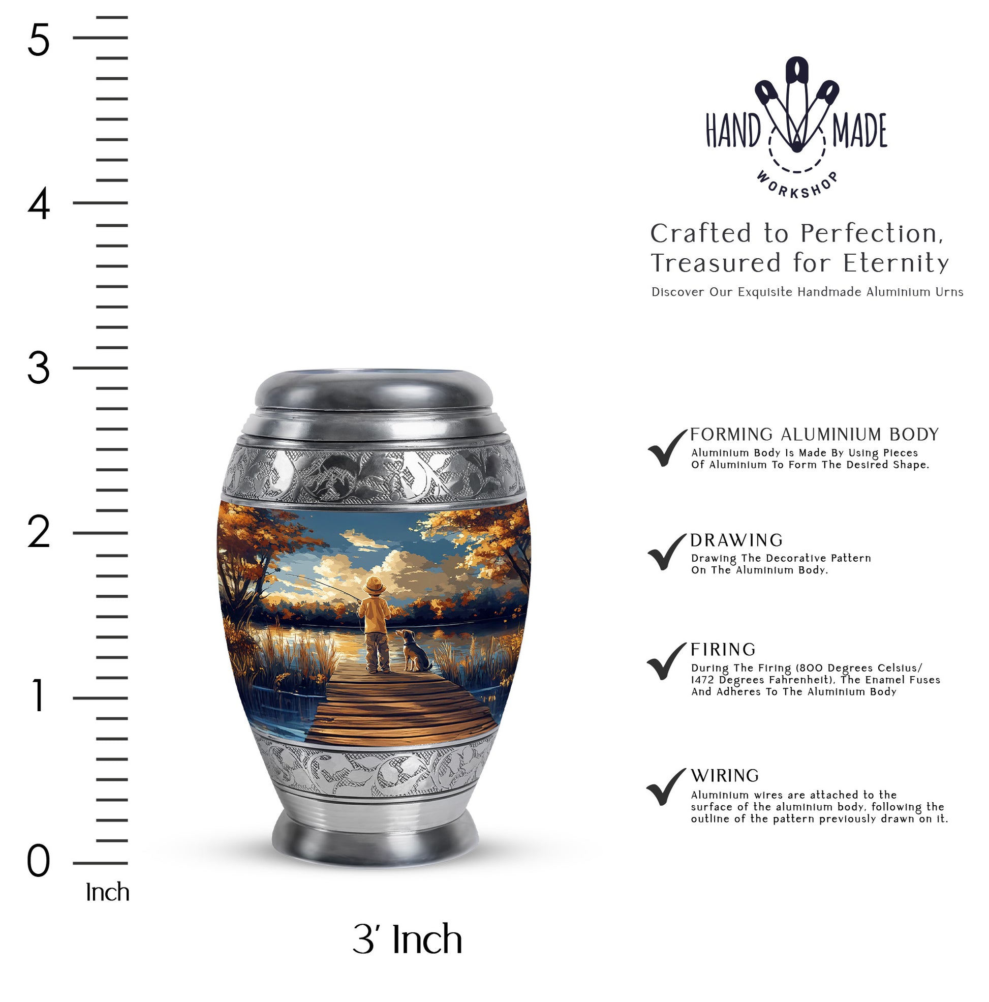 Navy Blue Fishing Cremation Urn lifestyle display on memorial shelf - ornate monarch-style fishing relief on brushed aluminum - mini keepsake memorial for portion of cremation ashes