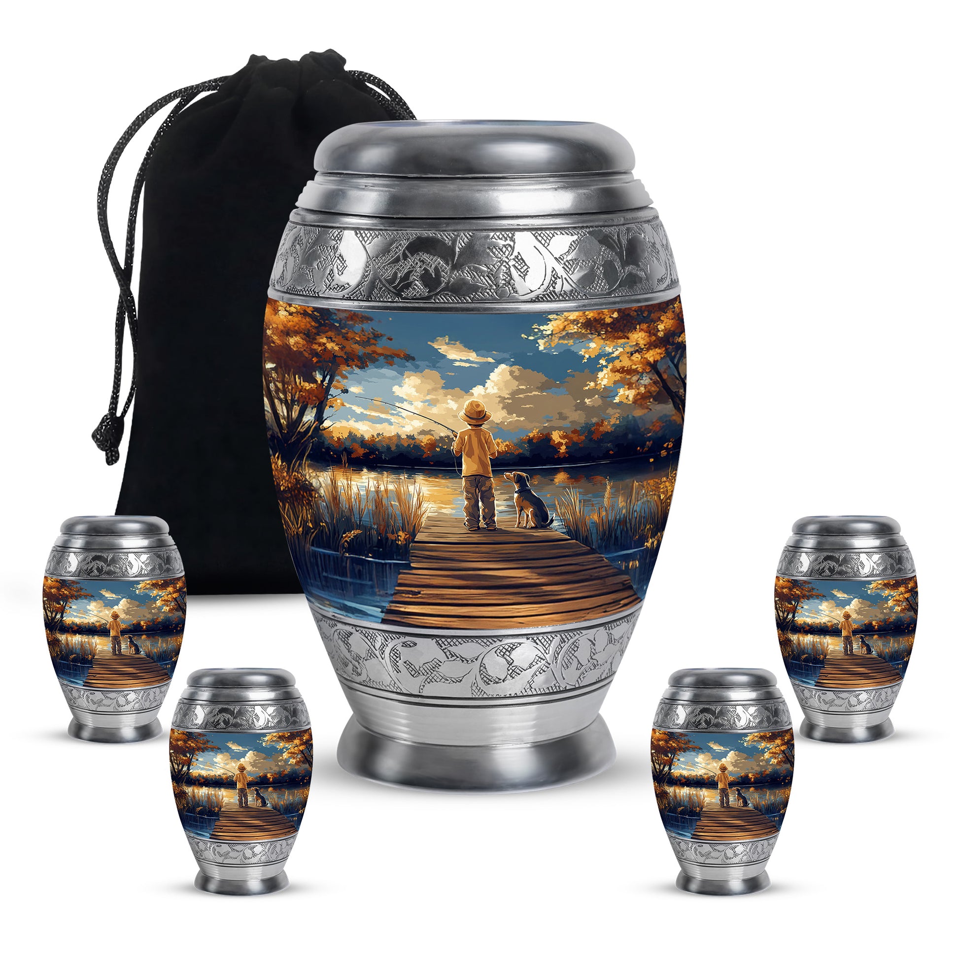 Royal Blue Fishing Cremation Urn detail view - royal fishing engraving with decorative scrollwork - memorial set with one large and four small urns