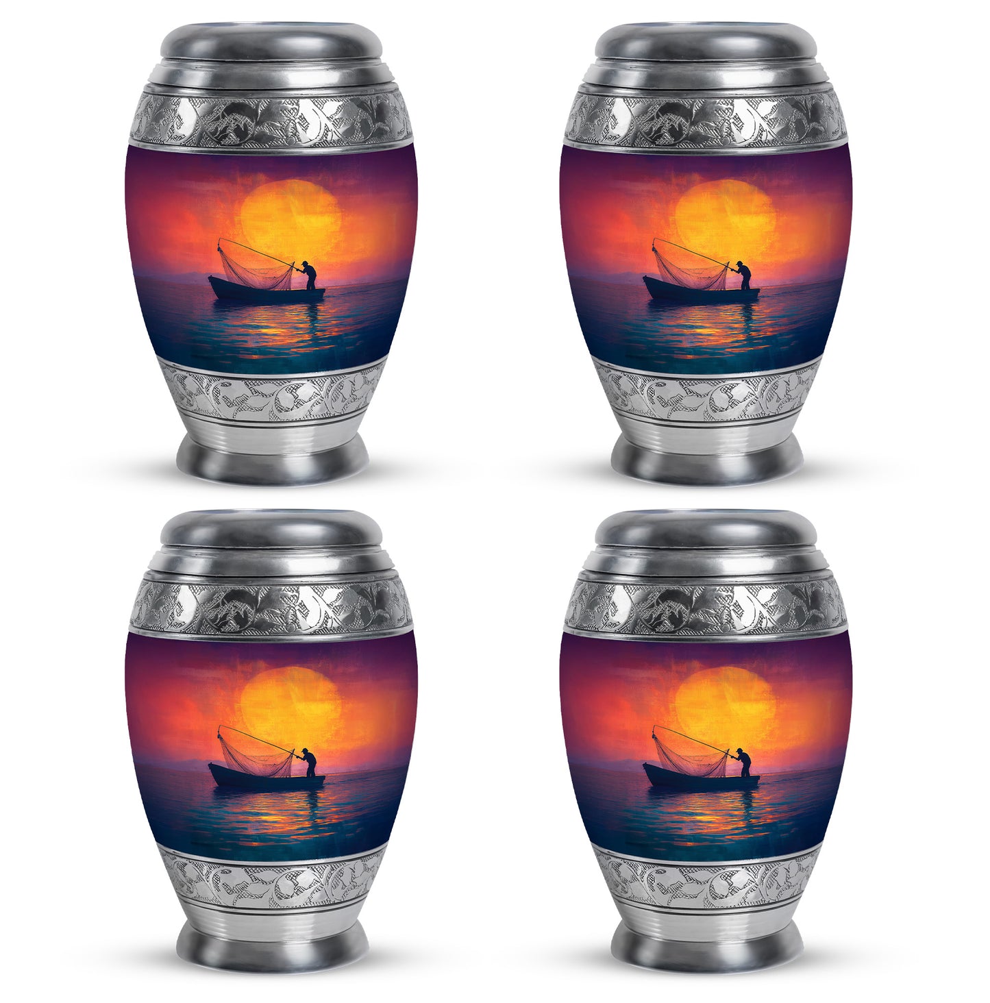 Salmon Pink Fishing Cremation Urn urn with complimentary velvet bag - royal fishing engraving with decorative scrollwork - 10 inch aluminum urn for cremated remains
