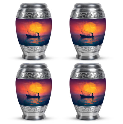 Salmon Pink Fishing Cremation Urn urn with complimentary velvet bag - royal fishing engraving with decorative scrollwork - 10 inch aluminum urn for cremated remains