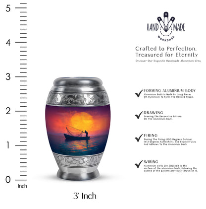 Coral Pink Fishing Cremation Urn lifestyle display on memorial shelf - ornate monarch-style fishing relief on brushed aluminum - mini keepsake memorial for portion of cremation ashes