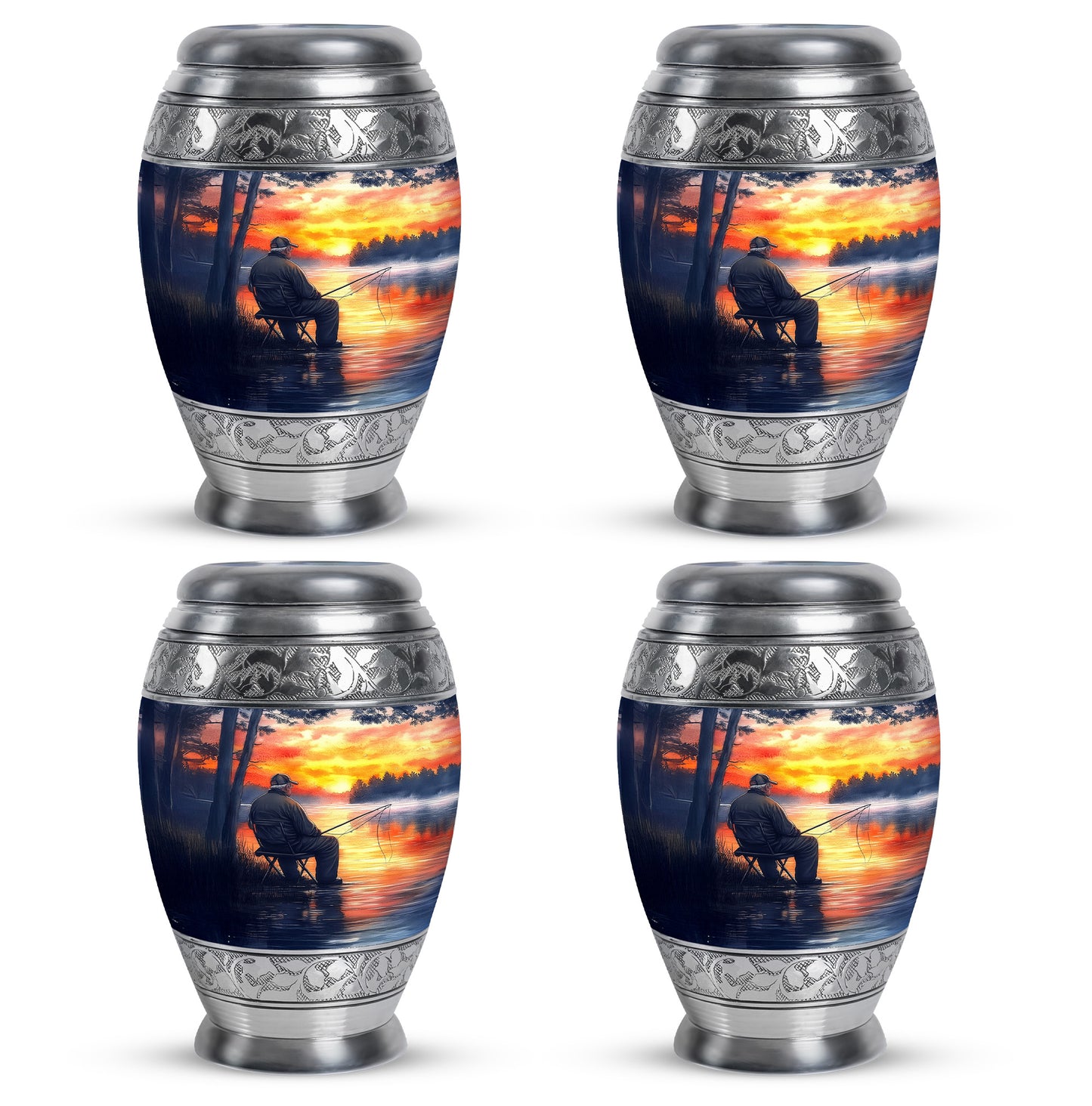 Twilight Blue Fishing Cremation Urn urn with complimentary velvet bag - majestic fishing pattern with filigree border - 10 inch aluminum urn for cremated remains
