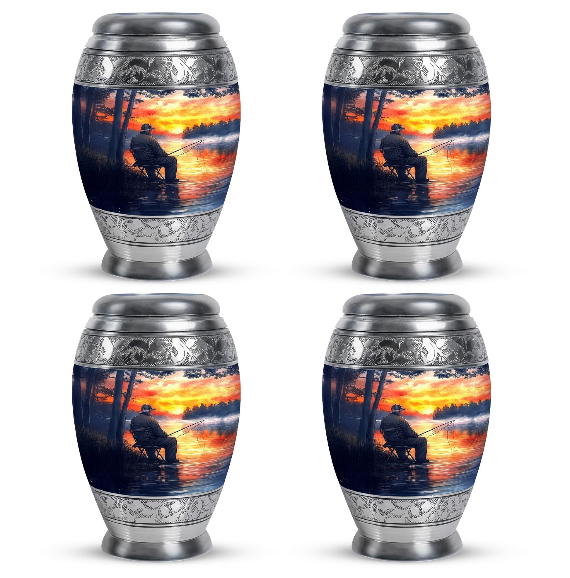 Twilight Blue Fishing Cremation Urn urn with complimentary velvet bag - majestic fishing pattern with filigree border - 10 inch aluminum urn for cremated remains