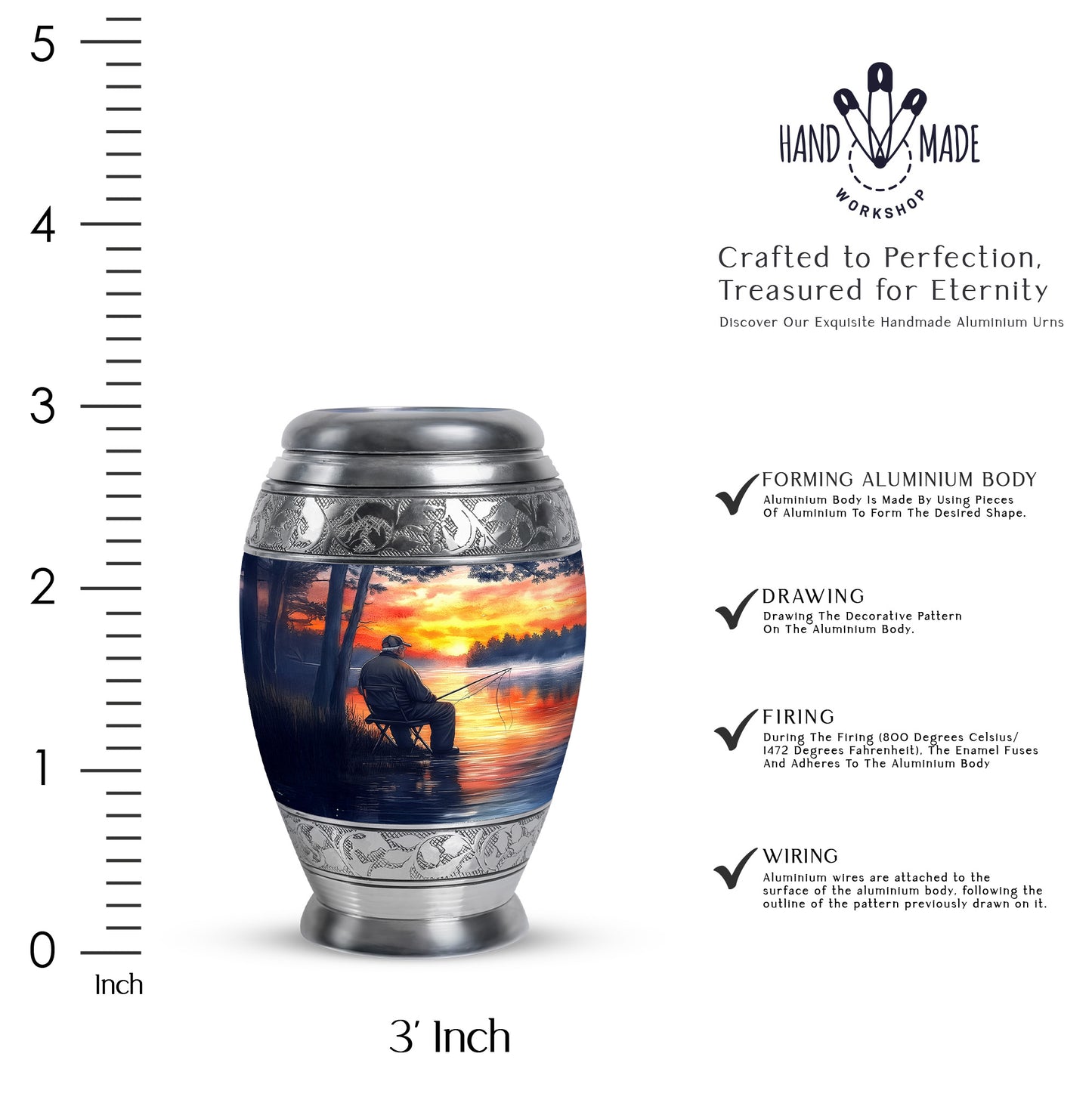 Azure Fishing Cremation Urn lifestyle display on memorial shelf - ornate monarch-style fishing relief on brushed aluminum - mini keepsake memorial for portion of cremation ashes