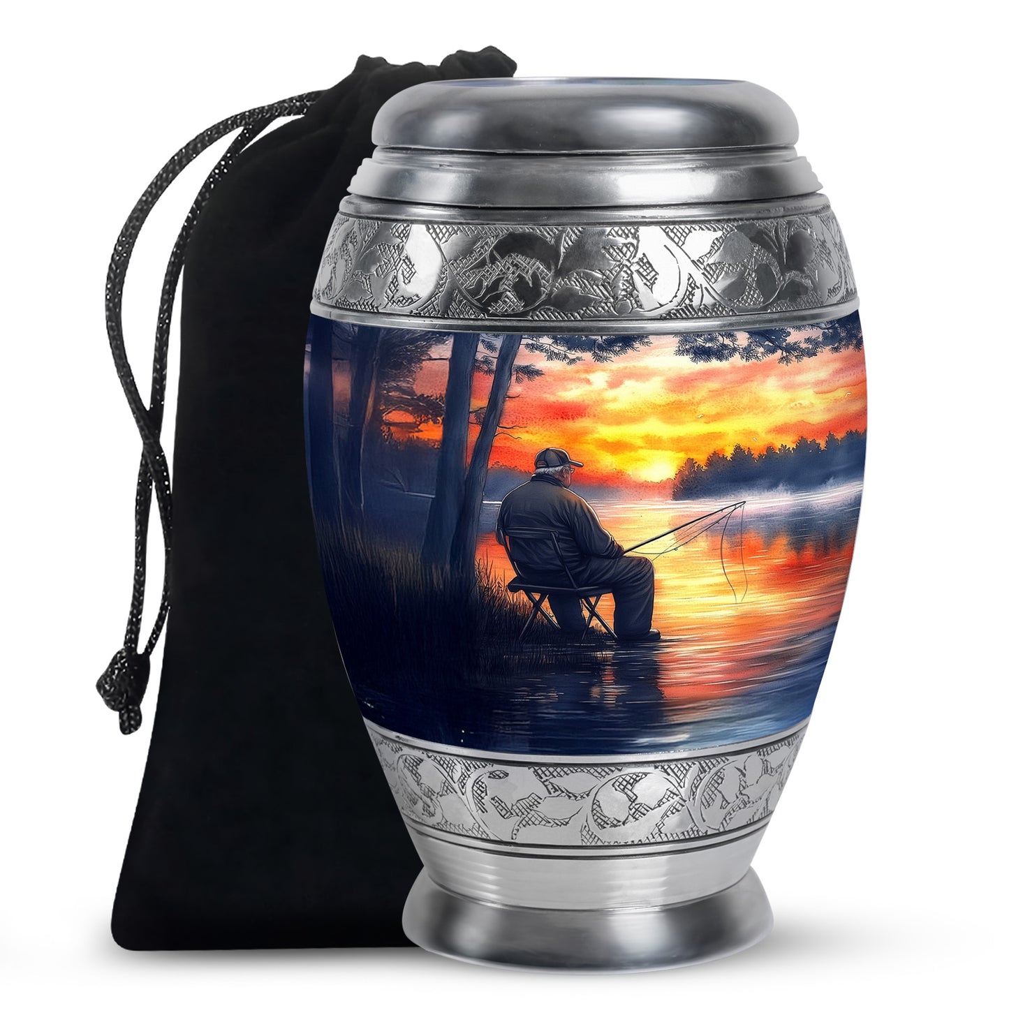 Serene Blue Fishing Cremation Urn back view with polished surface - royal fishing engraving with decorative scrollwork - full-size 10 inch 200 cubic inch adult cremation urn