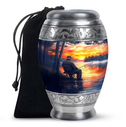Serene Blue Fishing Cremation Urn back view with polished surface - royal fishing engraving with decorative scrollwork - full-size 10 inch 200 cubic inch adult cremation urn