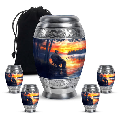 Vivid Blue Fishing Cremation Urn detail view - royal fishing engraving with decorative scrollwork - memorial set with one large and four small urns