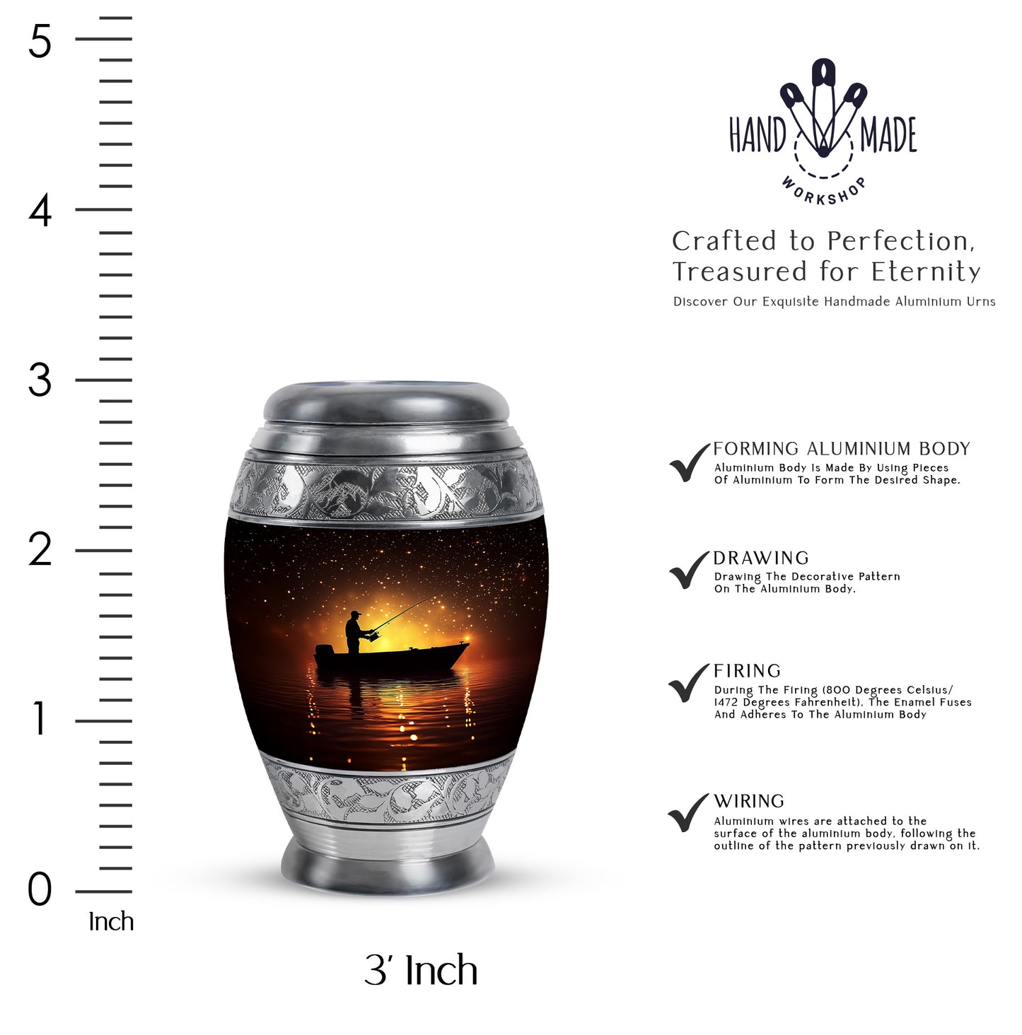 Cherry Red Fishing Cremation Urn lifestyle display on memorial shelf - majestic fishing pattern with filigree border - mini keepsake memorial for portion of cremation ashes
