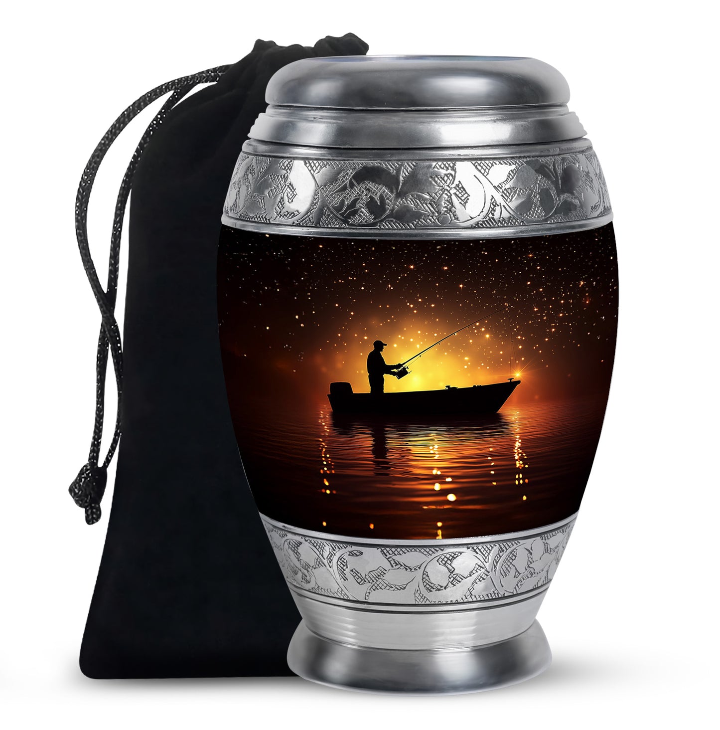 Crimson Red Fishing Cremation Urn back view with polished surface - ornate monarch-style fishing relief on brushed aluminum - full-size 10 inch 200 cubic inch adult cremation urn