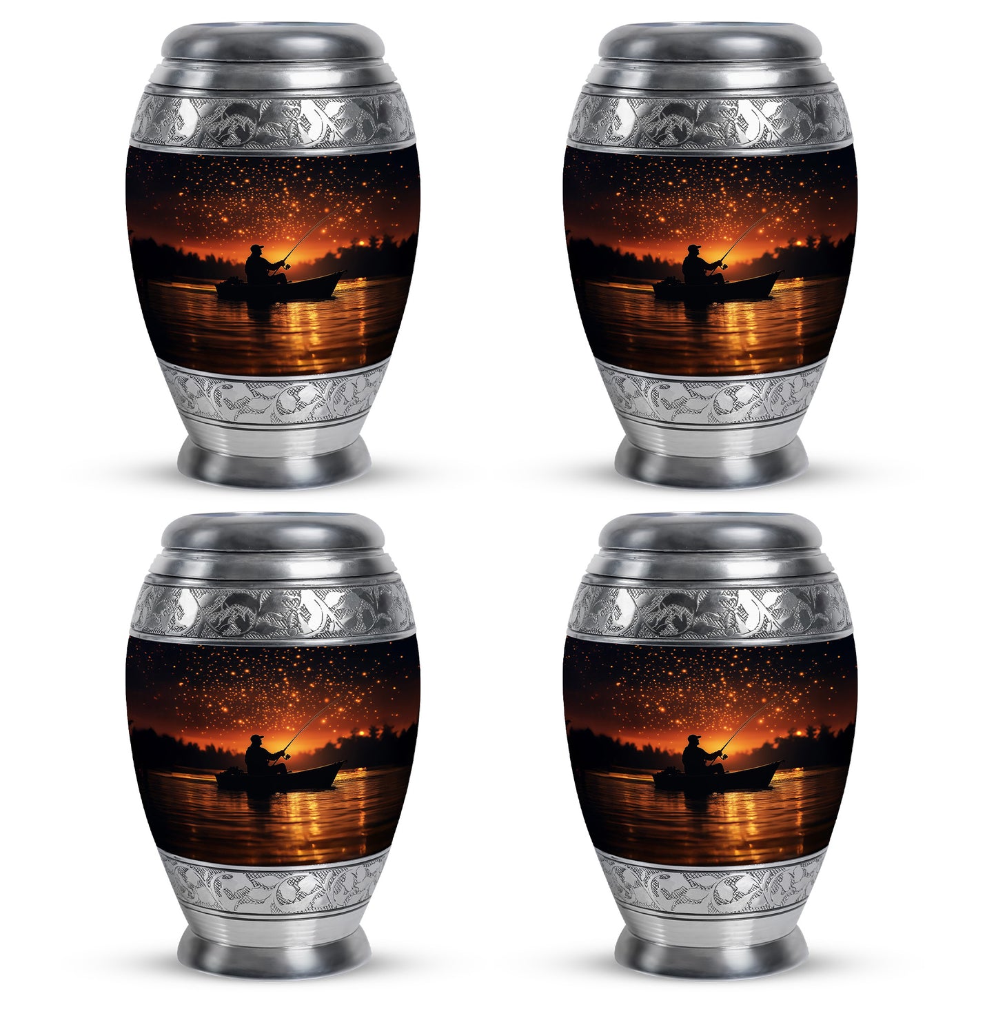 Jet Black Fishing Cremation Urn urn with complimentary velvet bag - ornate monarch-style fishing relief on brushed aluminum - 10 inch aluminum urn for cremated remains