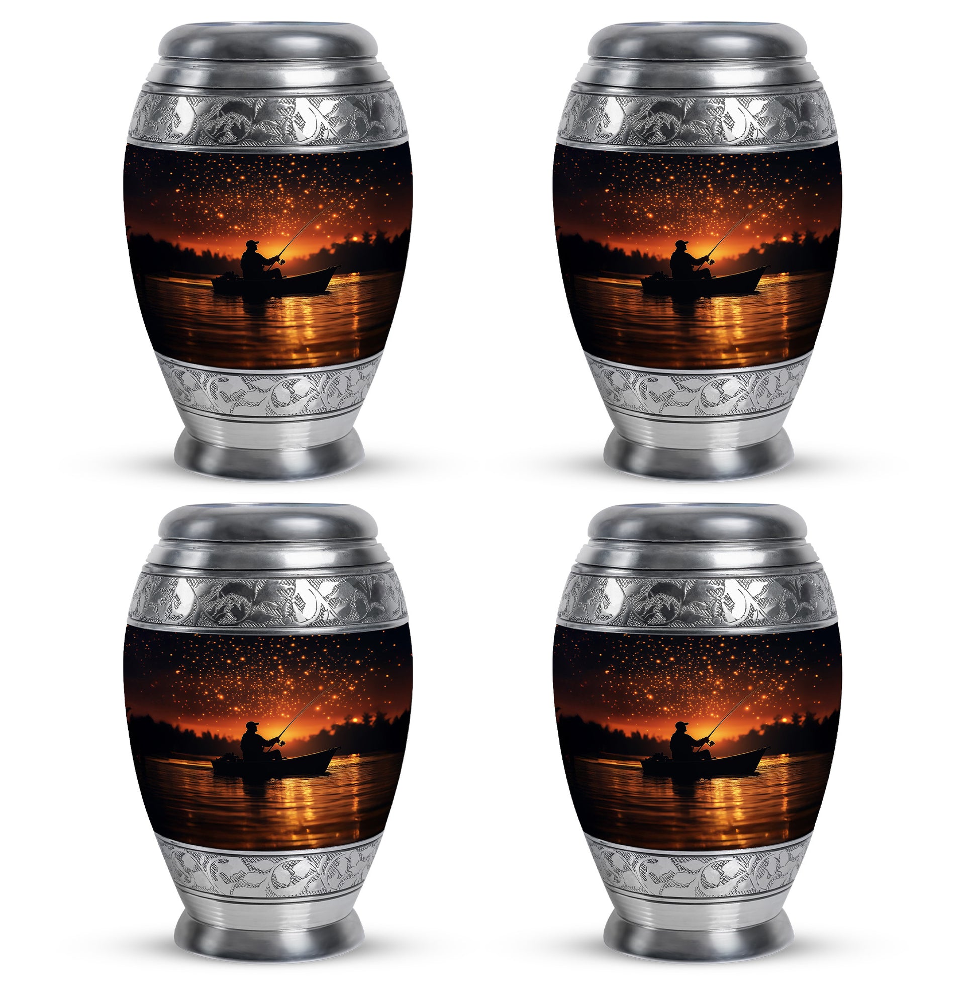 Jet Black Fishing Cremation Urn urn with complimentary velvet bag - ornate monarch-style fishing relief on brushed aluminum - 10 inch aluminum urn for cremated remains