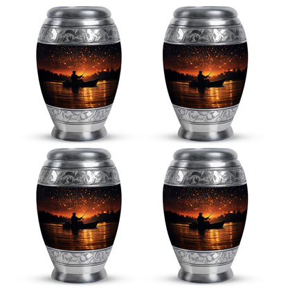 Jet Black Fishing Cremation Urn urn with complimentary velvet bag - ornate monarch-style fishing relief on brushed aluminum - 10 inch aluminum urn for cremated remains