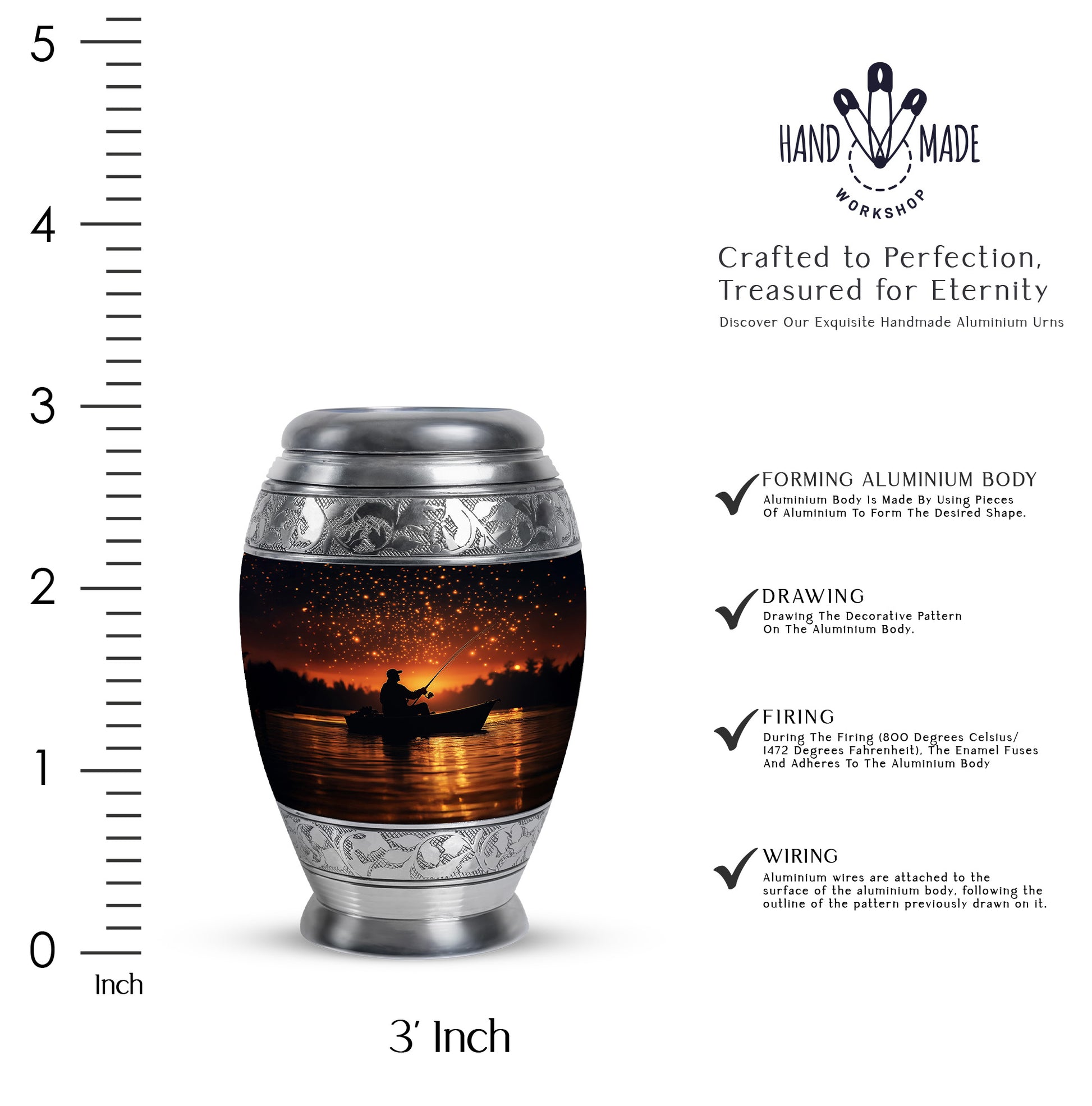 Midnight Black Fishing Cremation Urn lifestyle display on memorial shelf - majestic fishing pattern with filigree border - mini keepsake memorial for portion of cremation ashes