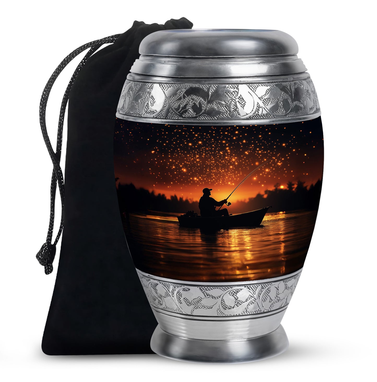 Rich Black Fishing Cremation Urn back view with polished surface - ornate monarch-style fishing relief on brushed aluminum - full-size 10 inch 200 cubic inch adult cremation urn