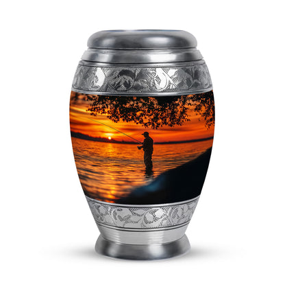 Inspiring Black Fishing Blessing Urn for Human Ashes - 10-inch, 200 cu in - Yatskia