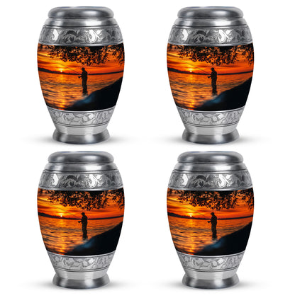 Obsidian Black Fishing Cremation Urn urn with complimentary velvet bag - royal fishing engraving with decorative scrollwork - 10 inch aluminum urn for cremated remains