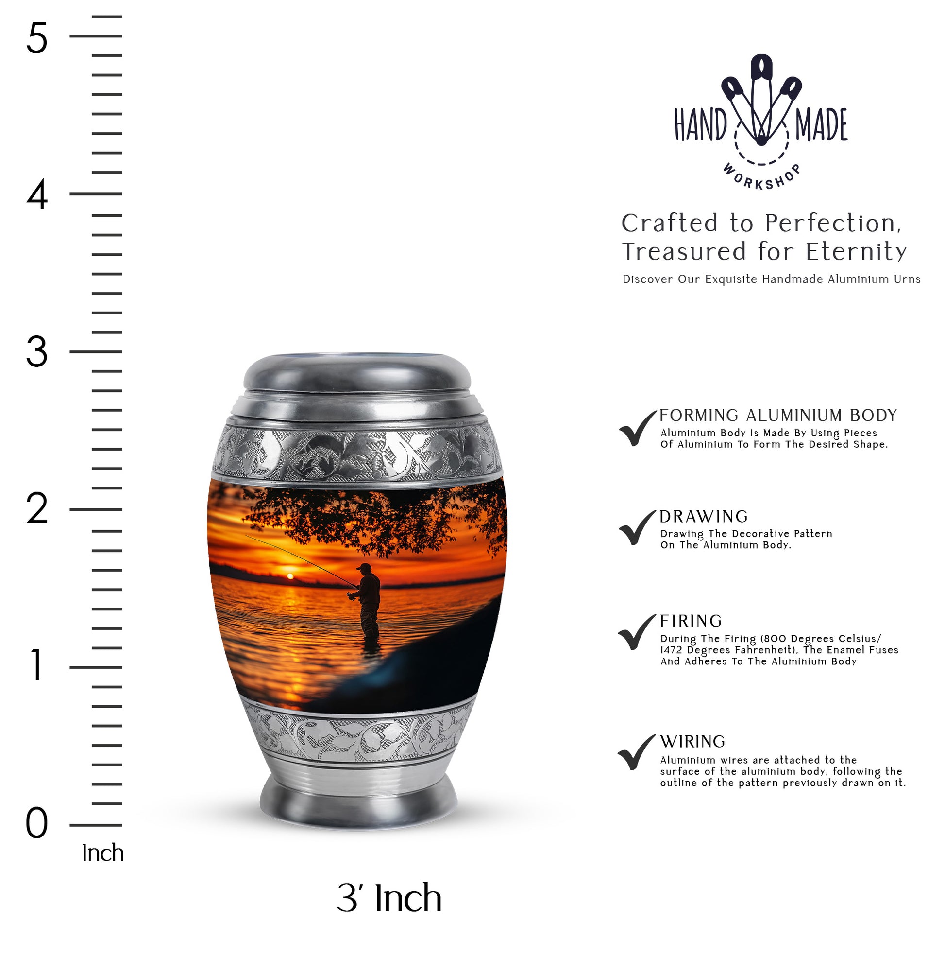 Ebony Fishing Cremation Urn lifestyle display on memorial shelf - ornate monarch-style fishing relief on brushed aluminum - mini keepsake memorial for portion of cremation ashes