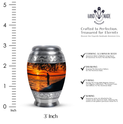 Ebony Fishing Cremation Urn lifestyle display on memorial shelf - ornate monarch-style fishing relief on brushed aluminum - mini keepsake memorial for portion of cremation ashes