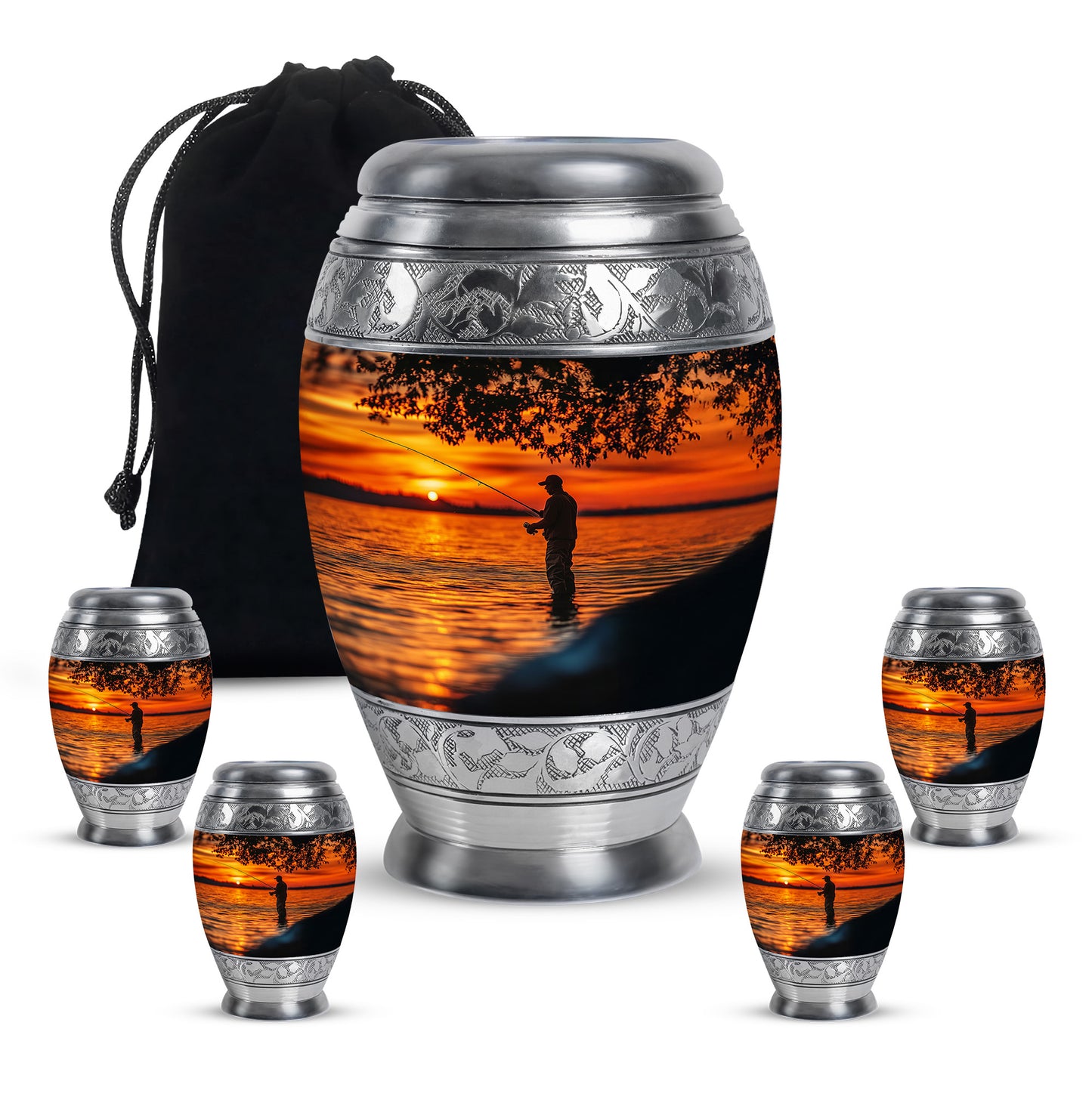Ebony Fishing Cremation Urn detail view - regal fishing design with crown-inspired accents - memorial set with one large and four small urns