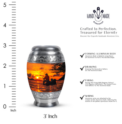 Champagne Gold Fishing Cremation Urn lifestyle display on memorial shelf - regal fishing design with crown-inspired accents - mini keepsake memorial for portion of cremation ashes