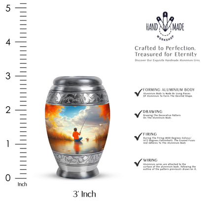 Vivid Teal Fishing Cremation Urn lifestyle display on memorial shelf - royal fishing engraving with decorative scrollwork - mini keepsake memorial for portion of cremation ashes
