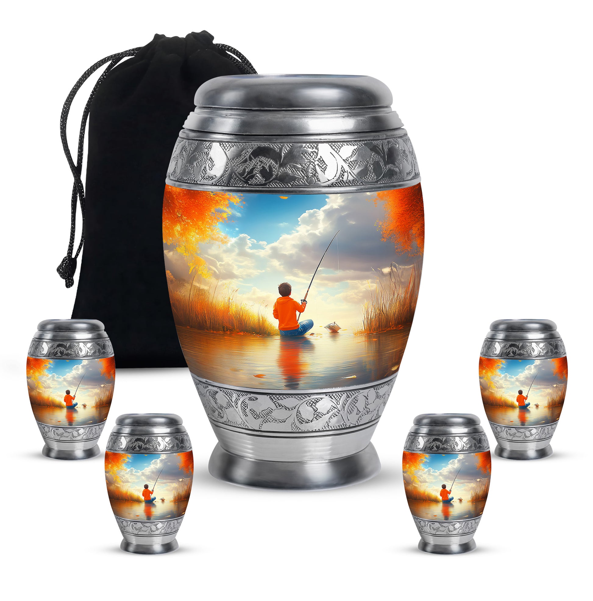 Vivid Teal Fishing Cremation Urn detail view - majestic fishing pattern with filigree border - memorial set with one large and four small urns