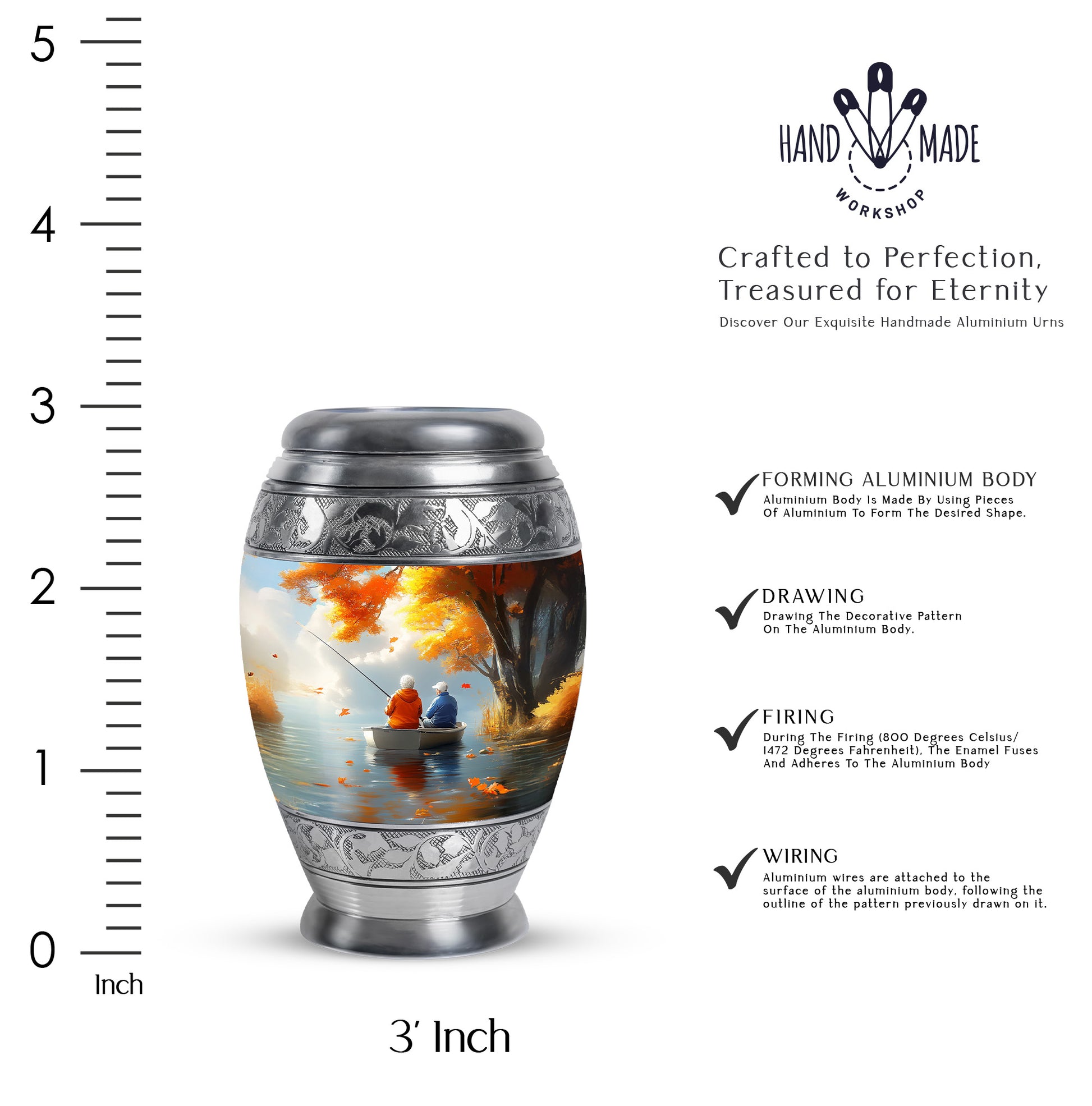 Harvest Gold Fishing Cremation Urn lifestyle display on memorial shelf - royal fishing engraving with decorative scrollwork - mini keepsake memorial for portion of cremation ashes