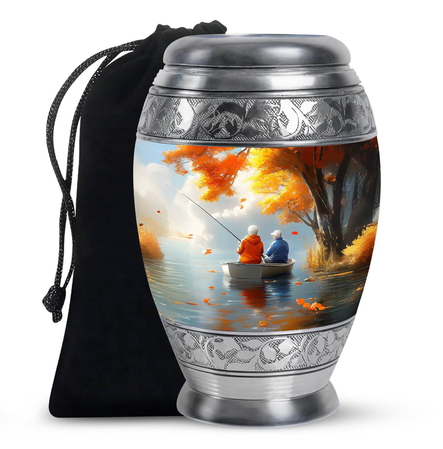 Antique Gold Fishing Cremation Urn back view with polished surface - ornate monarch-style fishing relief on brushed aluminum - full-size 10 inch 200 cubic inch adult cremation urn