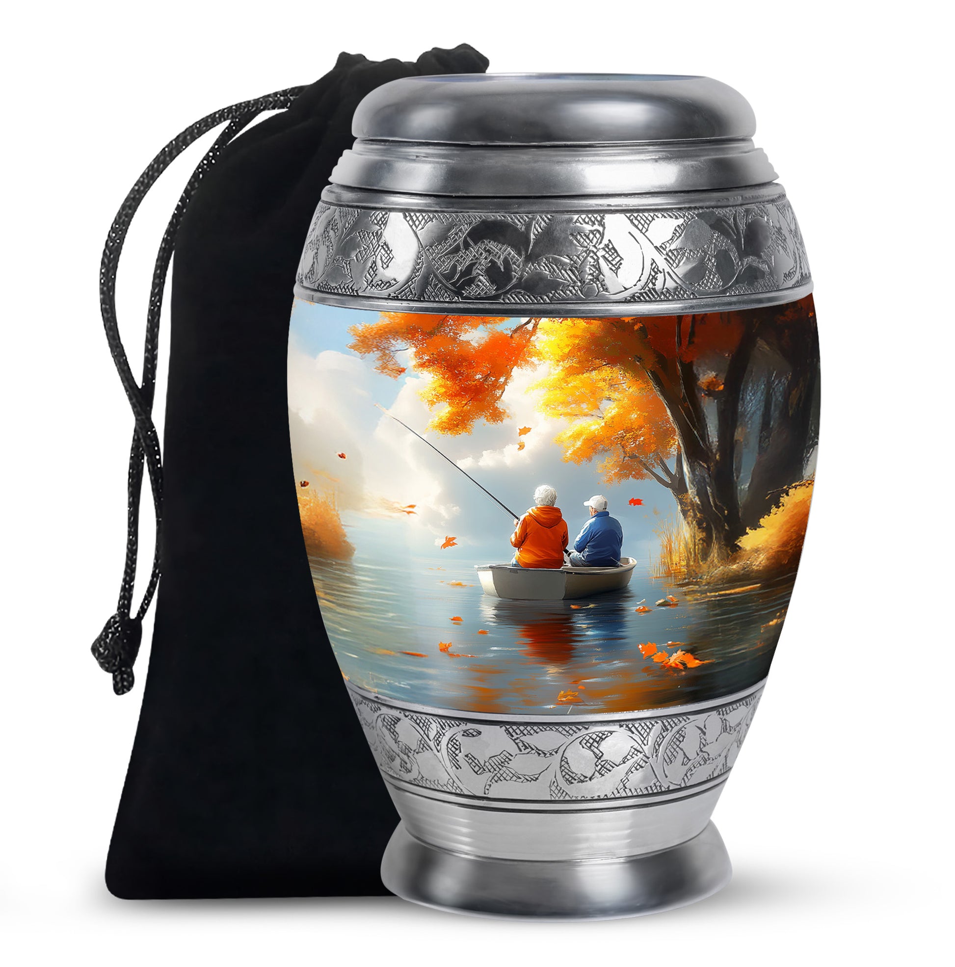 Antique Gold Fishing Cremation Urn back view with polished surface - ornate monarch-style fishing relief on brushed aluminum - full-size 10 inch 200 cubic inch adult cremation urn