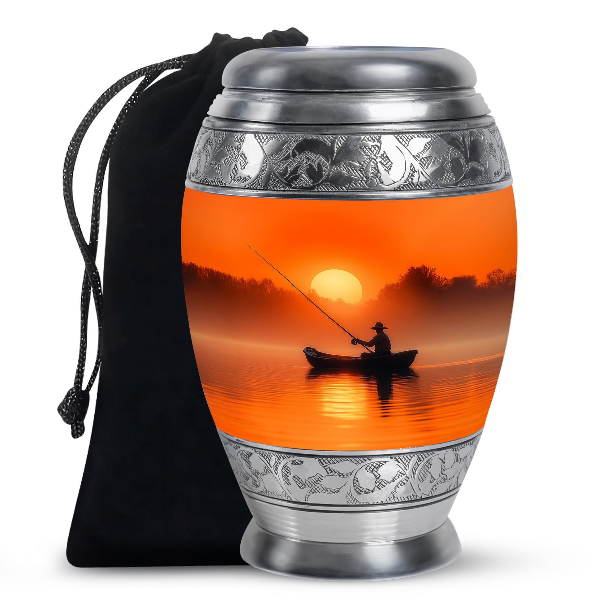 Harvest Gold Fishing Cremation Urn back view with polished surface - majestic fishing pattern with filigree border - full-size 10 inch 200 cubic inch adult cremation urn