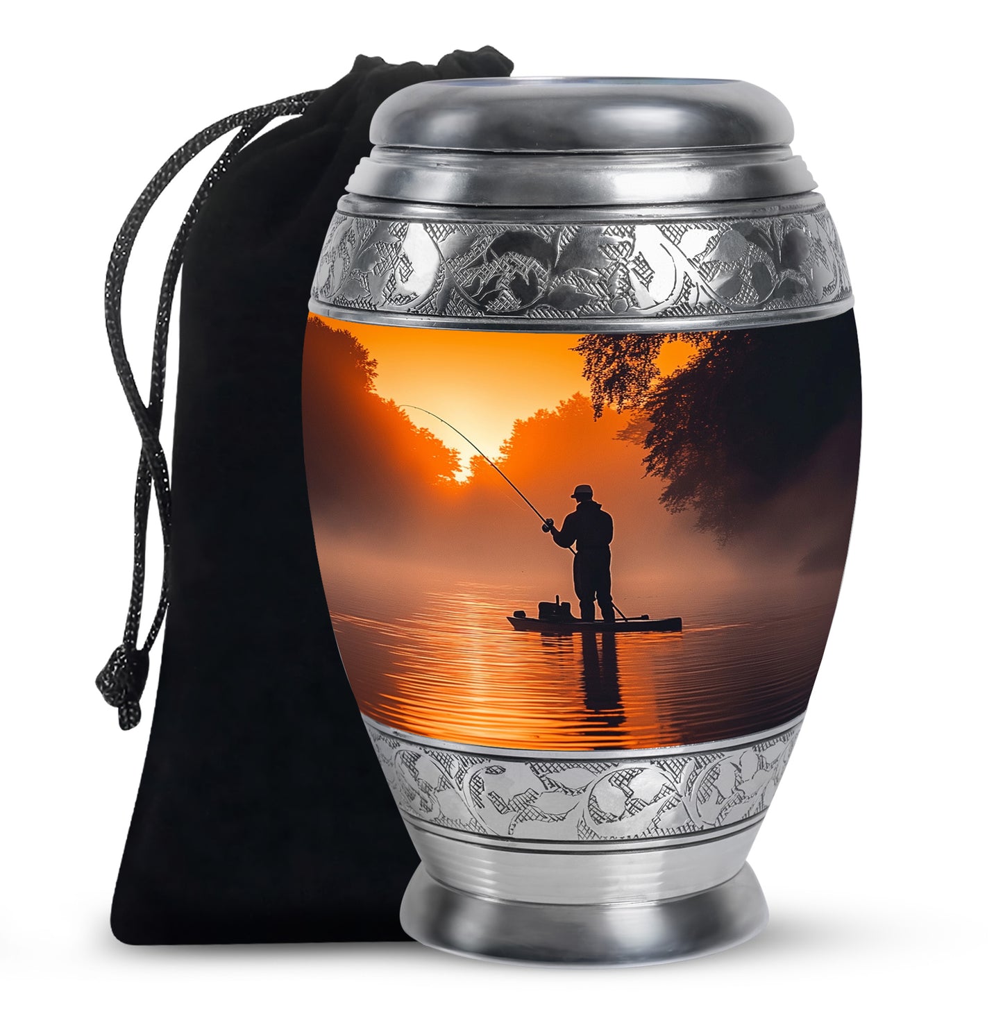 Antique Gold Fishing Cremation Urn back view with polished surface - regal fishing design with crown-inspired accents - full-size 10 inch 200 cubic inch adult cremation urn