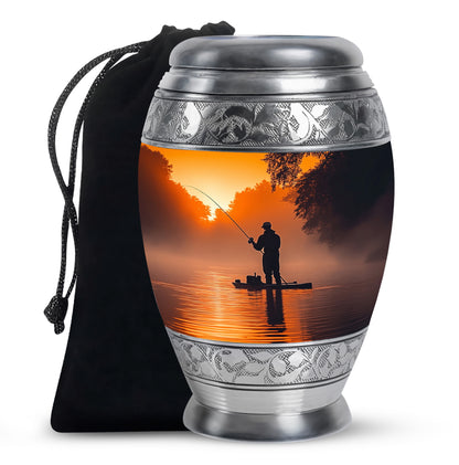 Antique Gold Fishing Cremation Urn back view with polished surface - regal fishing design with crown-inspired accents - full-size 10 inch 200 cubic inch adult cremation urn