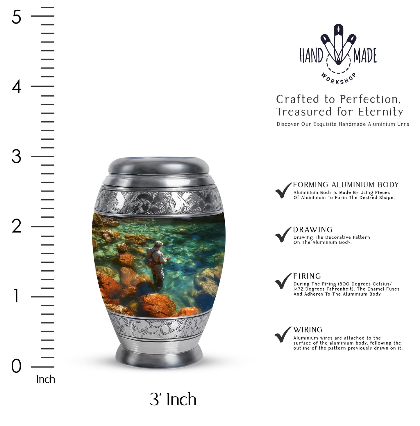Verdant Green Fishing Cremation Urn lifestyle display on memorial shelf - ornate monarch-style fishing relief on brushed aluminum - mini keepsake memorial for portion of cremation ashes