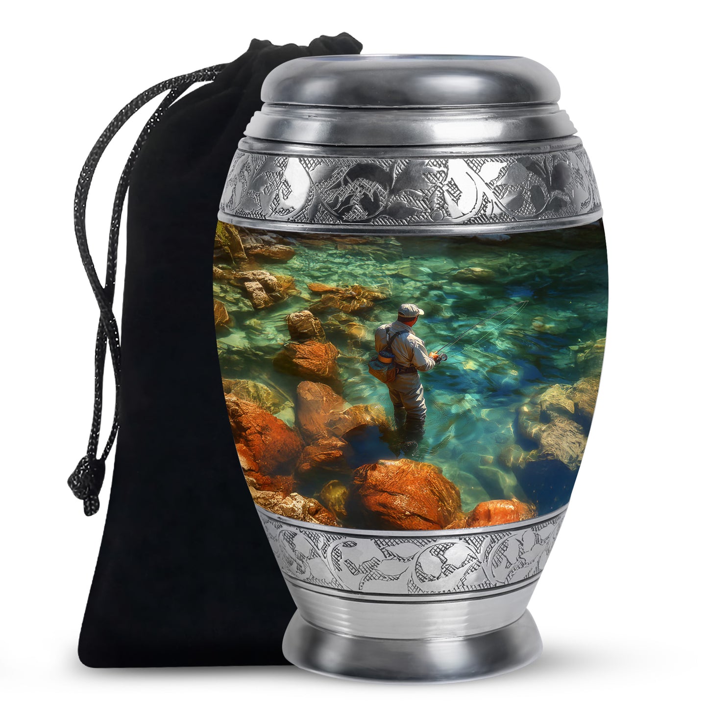 Verdant Green Fishing Cremation Urn back view with polished surface - regal fishing design with crown-inspired accents - full-size 10 inch 200 cubic inch adult cremation urn