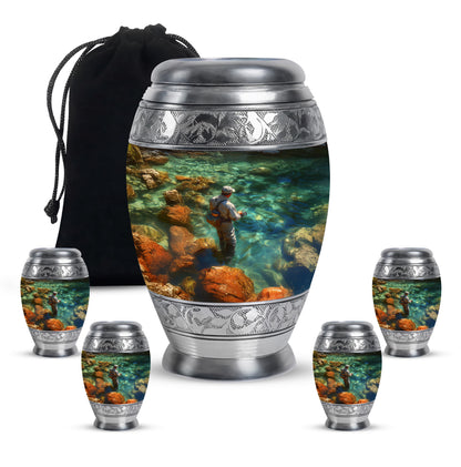 Emerald Green Fishing Cremation Urn detail view - regal fishing design with crown-inspired accents - memorial set with one large and four small urns