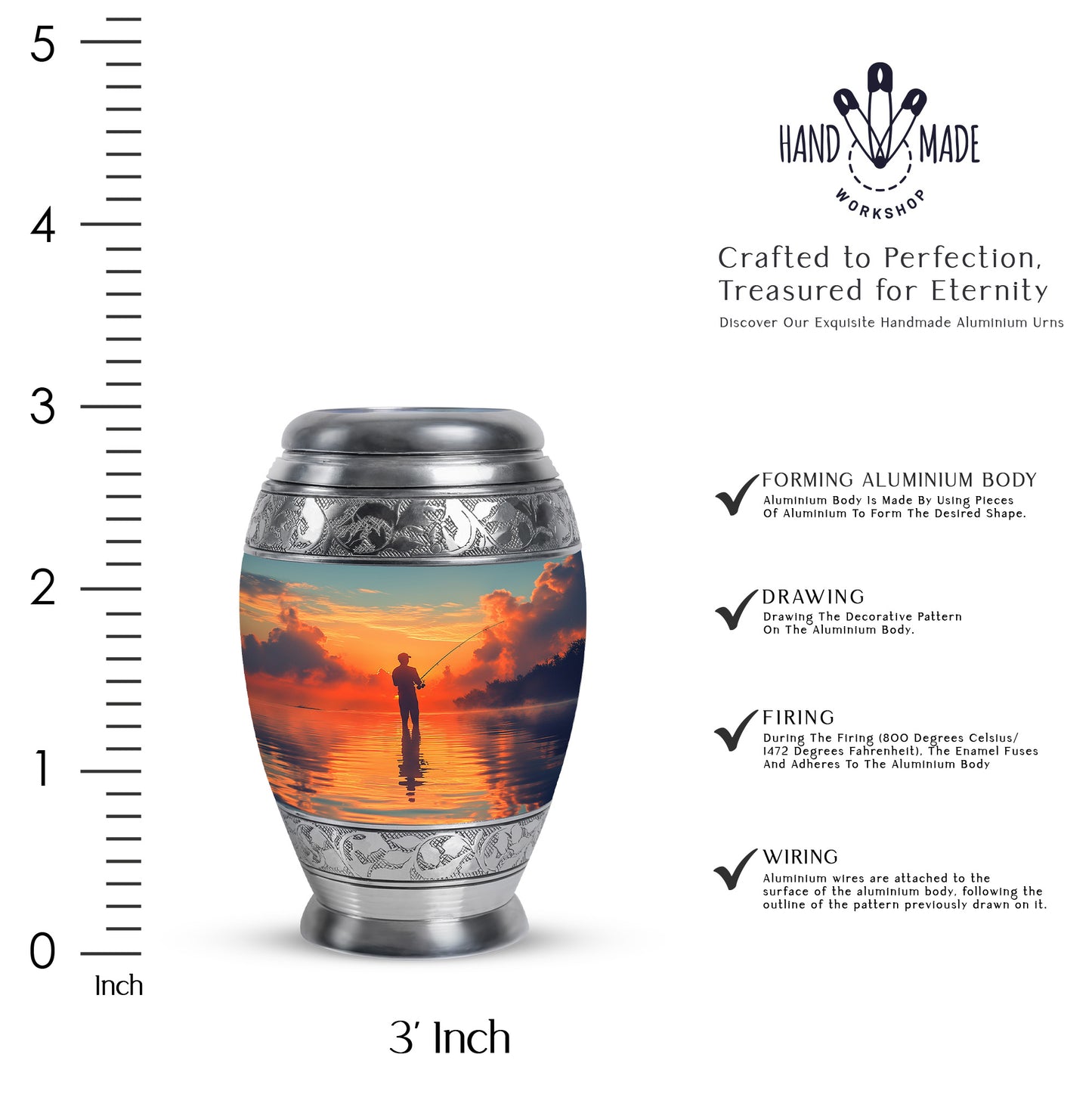 Jewel Teal Fishing Cremation Urn lifestyle display on memorial shelf - ornate monarch-style fishing relief on brushed aluminum - mini keepsake memorial for portion of cremation ashes