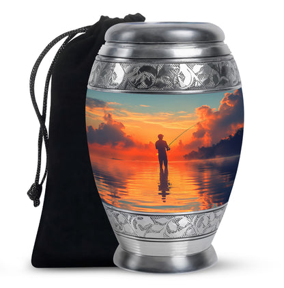 Cool Teal Fishing Cremation Urn back view with polished surface - ornate monarch-style fishing relief on brushed aluminum - full-size 10 inch 200 cubic inch adult cremation urn