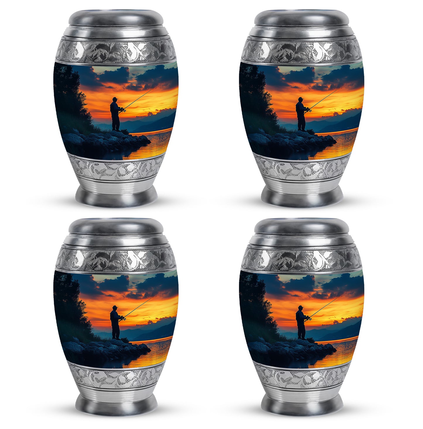 Slate Blue Fishing Cremation Urn urn with complimentary velvet bag - ornate monarch-style fishing relief on brushed aluminum - 10 inch aluminum urn for cremated remains