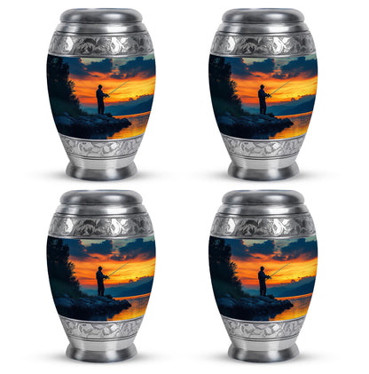 Slate Blue Fishing Cremation Urn urn with complimentary velvet bag - ornate monarch-style fishing relief on brushed aluminum - 10 inch aluminum urn for cremated remains