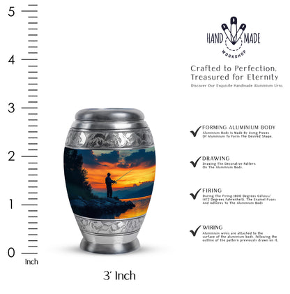 Royal Blue Fishing Cremation Urn lifestyle display on memorial shelf - majestic fishing pattern with filigree border - mini keepsake memorial for portion of cremation ashes