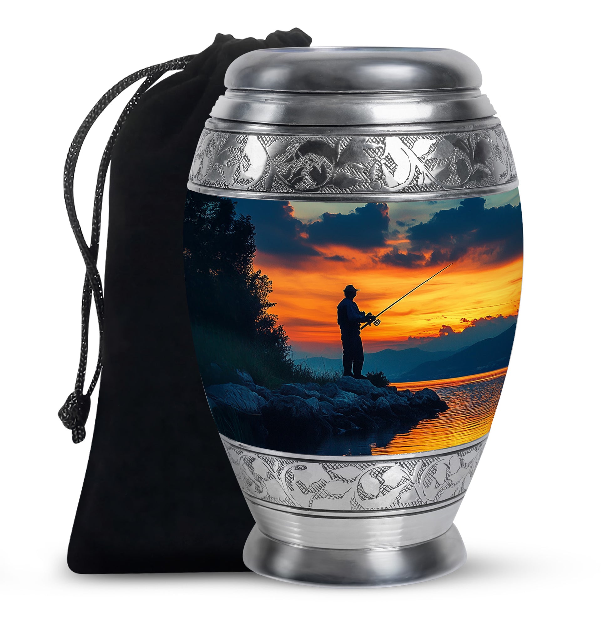 Steel Blue Fishing Cremation Urn back view with polished surface - royal fishing engraving with decorative scrollwork - full-size 10 inch 200 cubic inch adult cremation urn