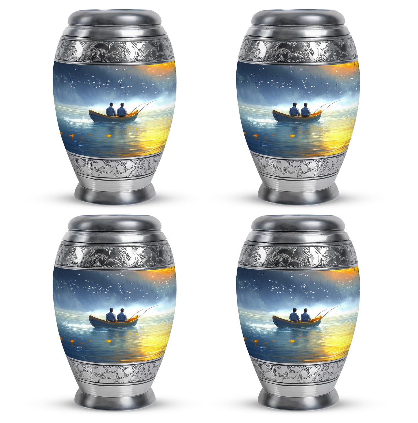 Icy Blue Fishing Cremation Urn urn with complimentary velvet bag - regal fishing design with crown-inspired accents - 10 inch aluminum urn for cremated remains