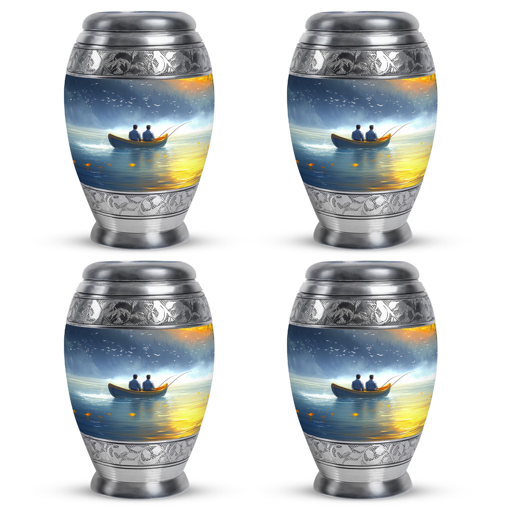 Icy Blue Fishing Cremation Urn urn with complimentary velvet bag - regal fishing design with crown-inspired accents - 10 inch aluminum urn for cremated remains