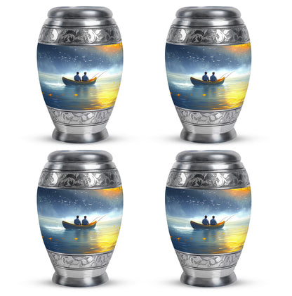 Icy Blue Fishing Cremation Urn urn with complimentary velvet bag - regal fishing design with crown-inspired accents - 10 inch aluminum urn for cremated remains