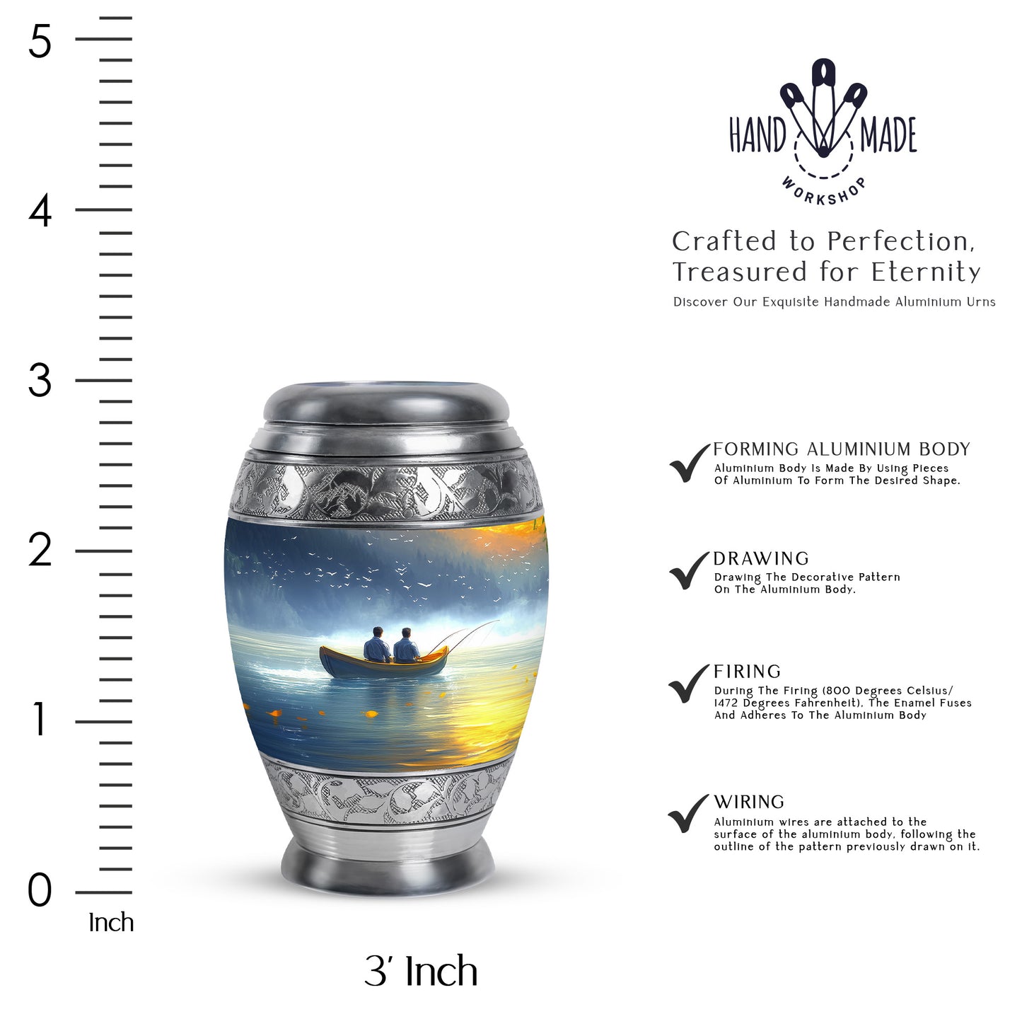 Cornflower Blue Fishing Cremation Urn lifestyle display on memorial shelf - royal fishing engraving with decorative scrollwork - mini keepsake memorial for portion of cremation ashes