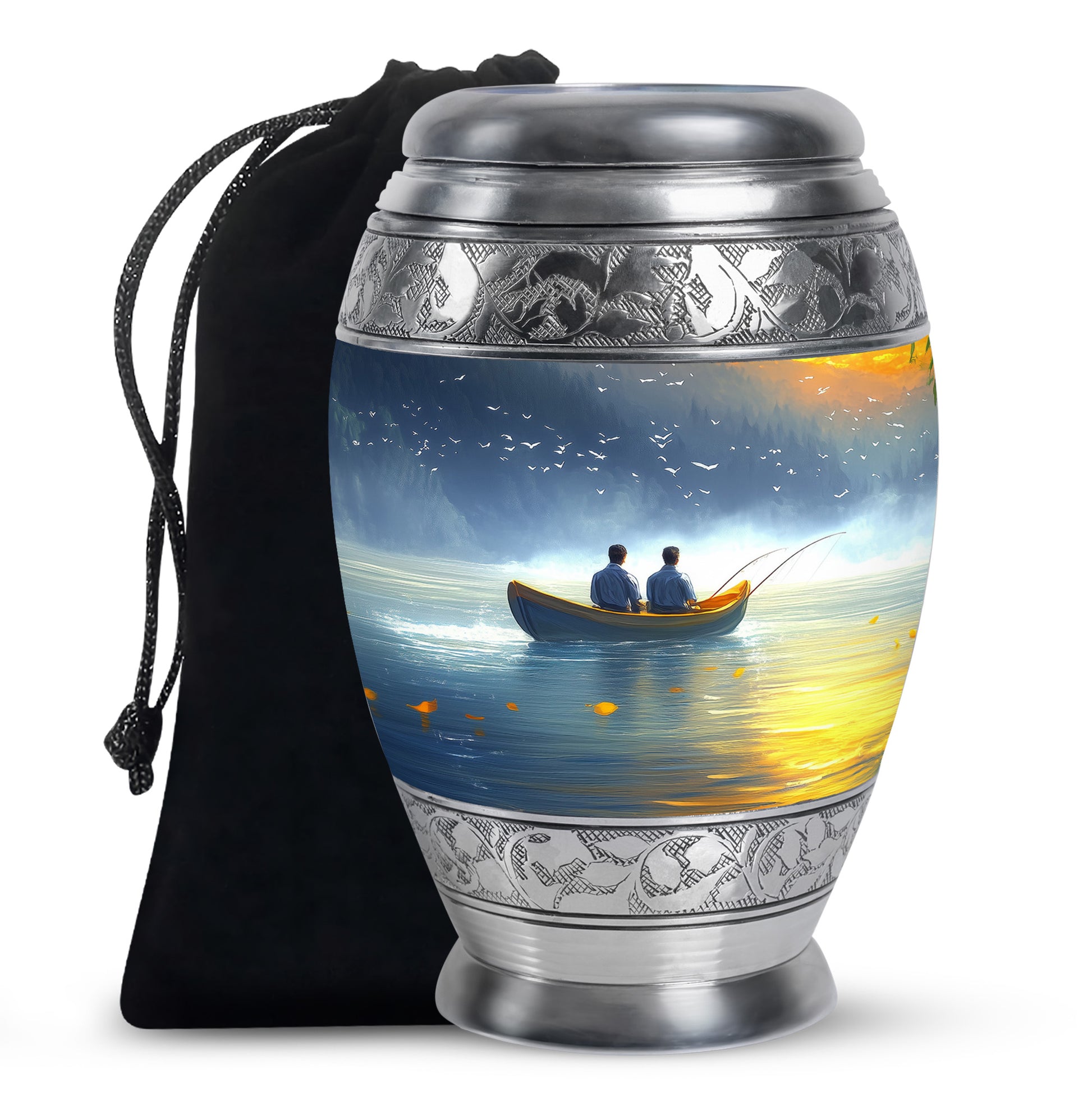Soft Blue Fishing Cremation Urn back view with polished surface - majestic fishing pattern with filigree border - full-size 10 inch 200 cubic inch adult cremation urn