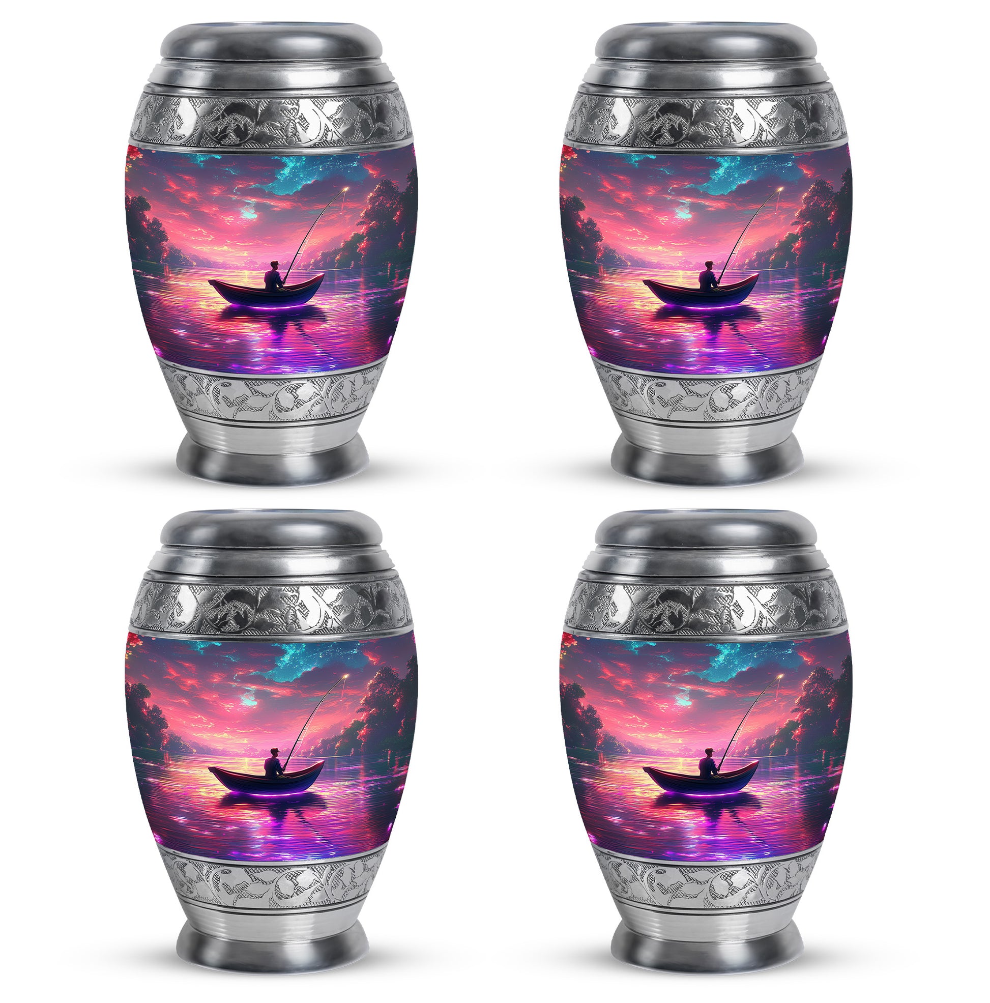 Coral Pink Fishing Cremation Urn urn with complimentary velvet bag - ornate monarch-style fishing relief on brushed aluminum - 10 inch aluminum urn for cremated remains