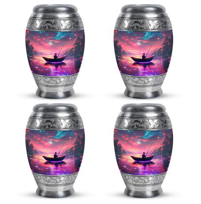 Coral Pink Fishing Cremation Urn urn with complimentary velvet bag - ornate monarch-style fishing relief on brushed aluminum - 10 inch aluminum urn for cremated remains
